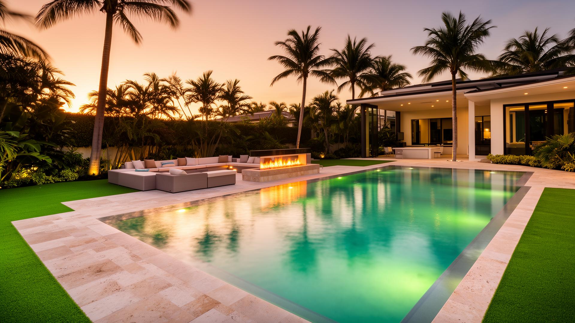 Modern South Florida outdoor living with infinity pool at twilight